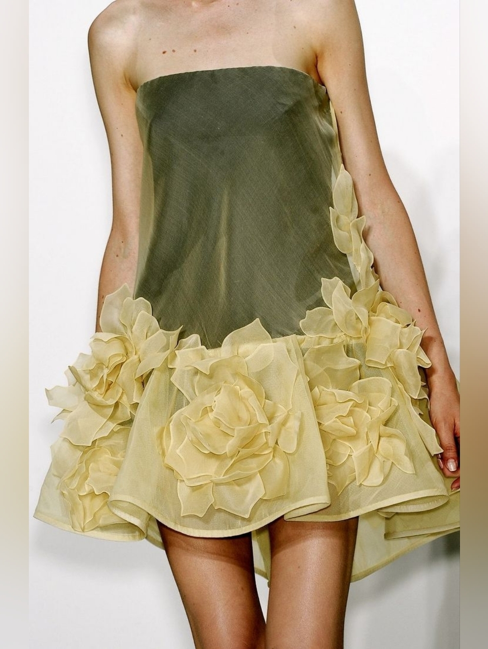 Asteria Strapless Olive Green Dress with Pale Yellow Floral Appliqués Small